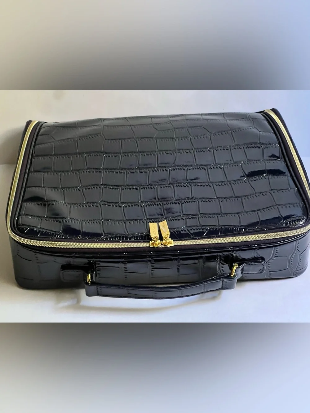 Estee Lauder Navy Patent Croc-Texture Cosmetic Pouch with Gold Zipper Pulls